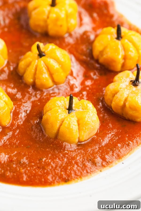 Showing off the stem of Pumpkin Shaped Gnocchi.