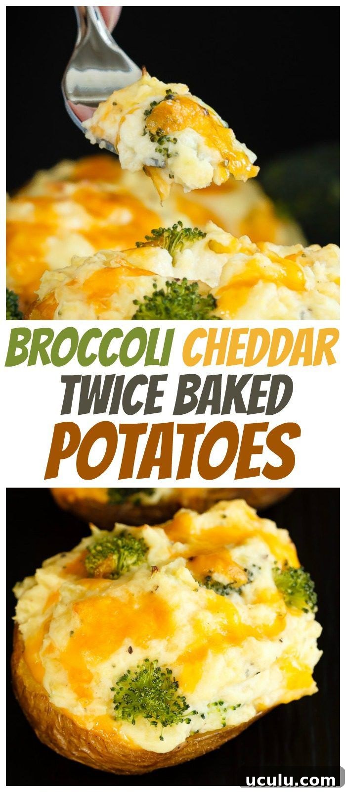 These twice baked potatoes filled with cheddar cheese and broccoli are the perfect side dish - they're easy to make and the whole family will love them! #bakedpotatoes #stuffedpotatoes #broccoli #cheddar