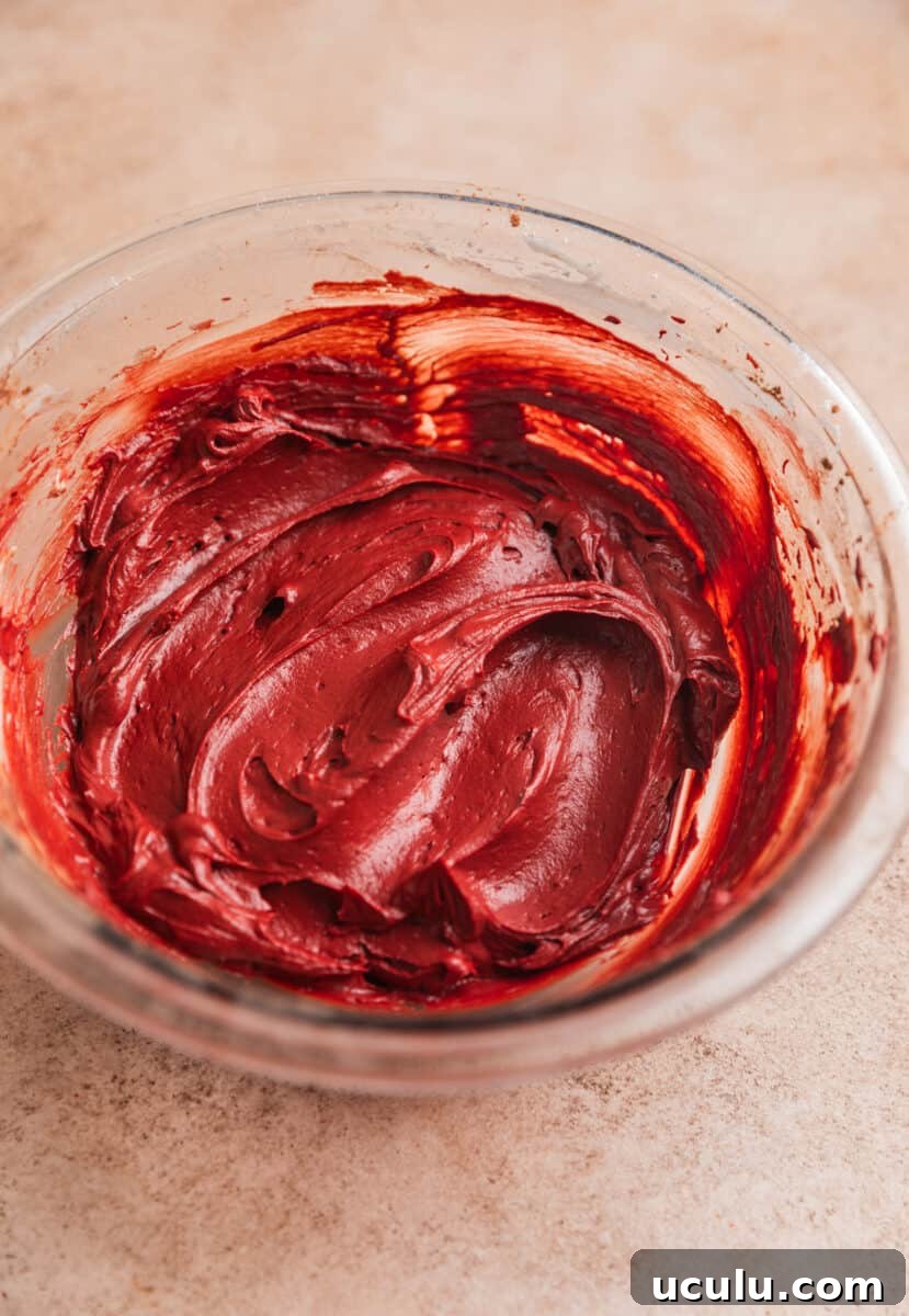 Red velvet dip mixture before adding whipping cream to bowl.