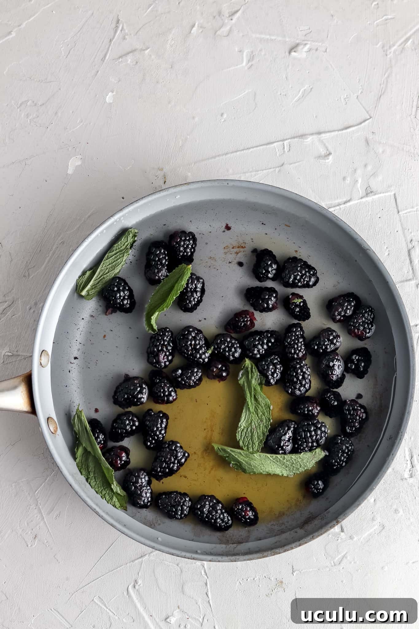 Blackberries, mint, honey and water in a pot.
