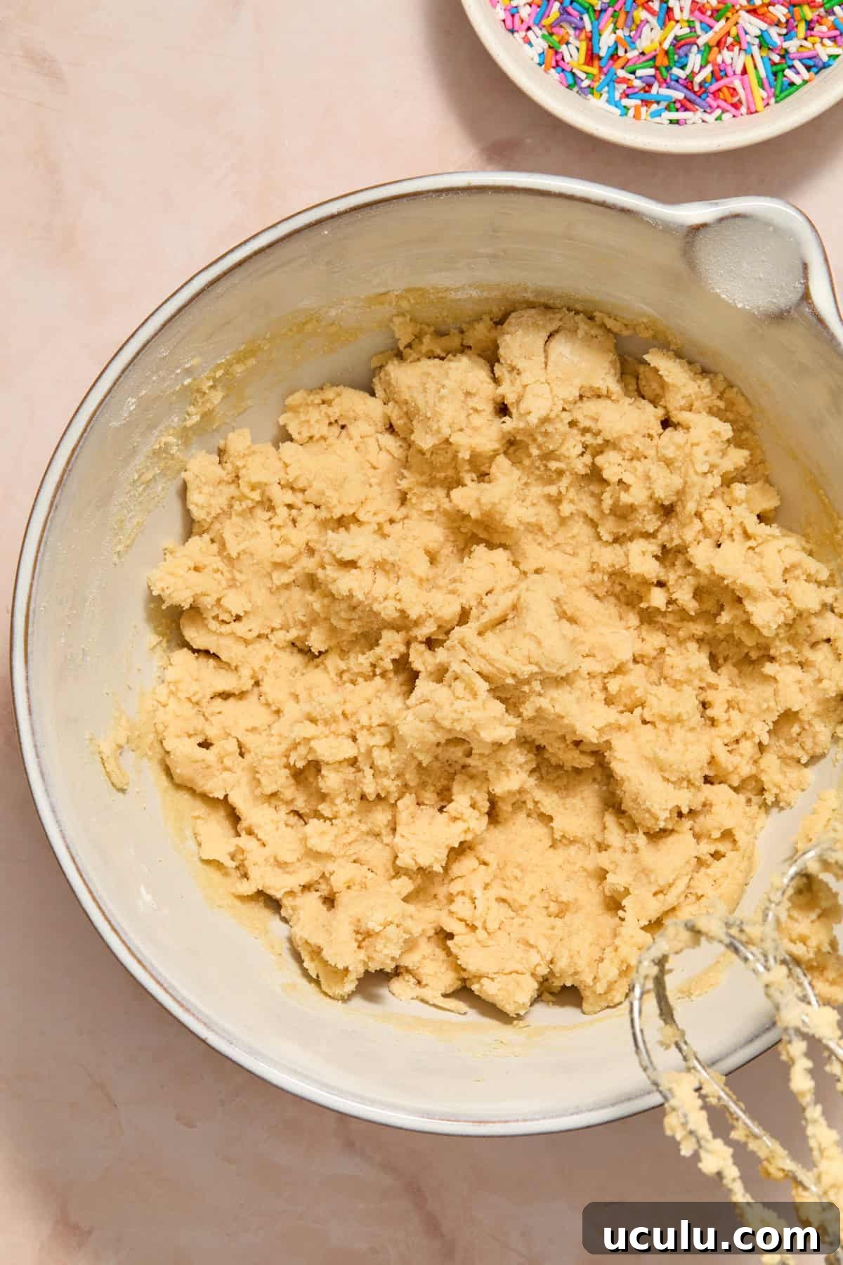 Cookie dough with flour fully incorporated in bowl.