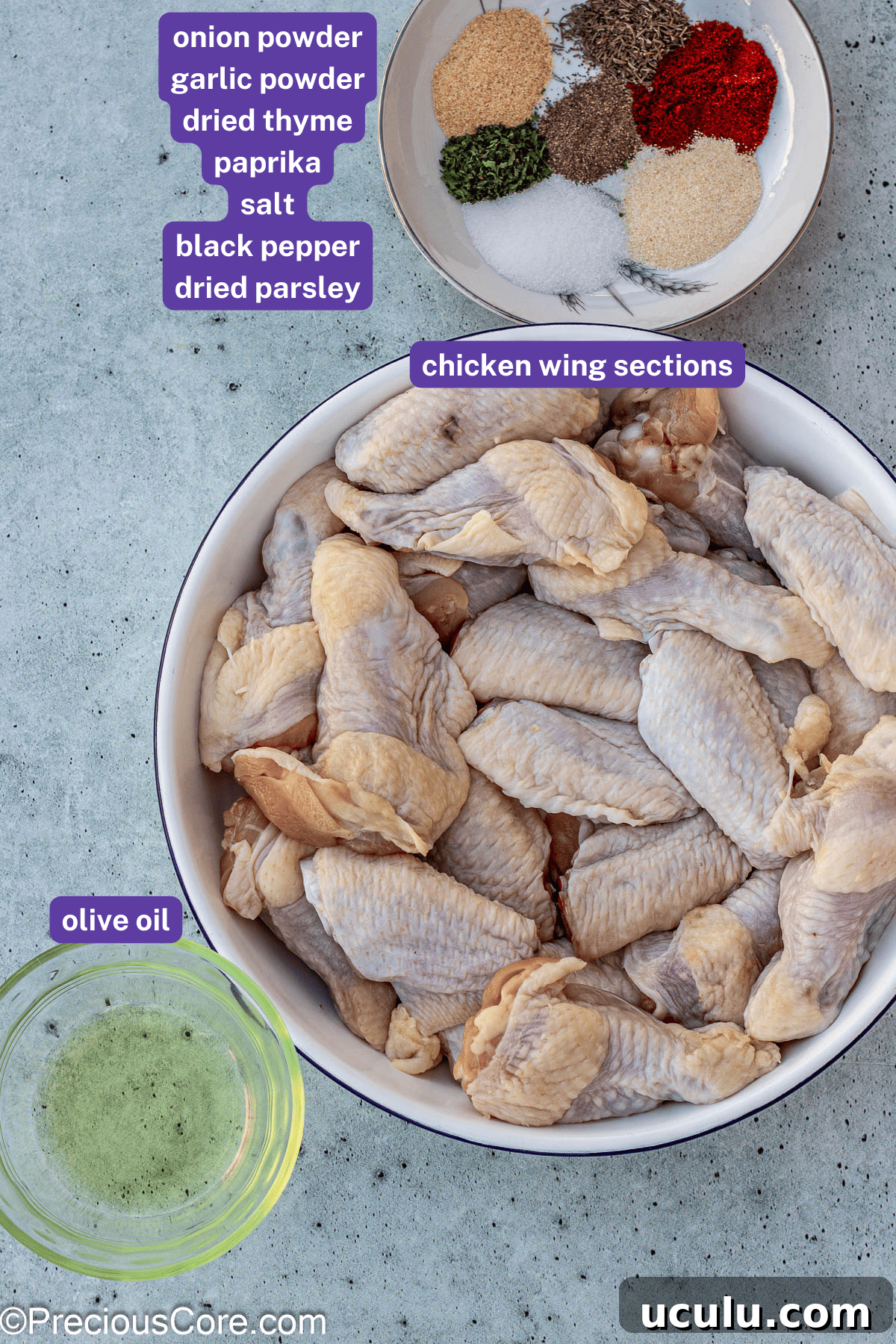 Ingredients for dry rub ribs with labels on top.