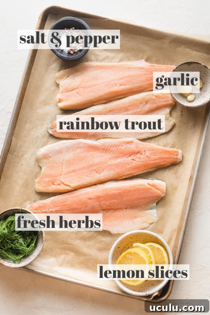 Raw rainbow trout filets on a parchment-lined sheet pan surrounded by salt, pepper, garlic, lemon slices, and fresh herbs.