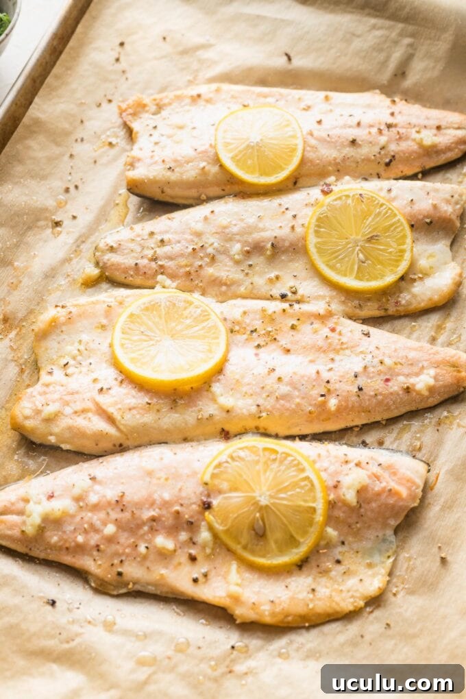 Baked rainbow trout just pulled from the oven.