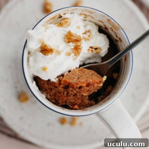An overhead shot of a carrot mug cake topped with whipped cream.