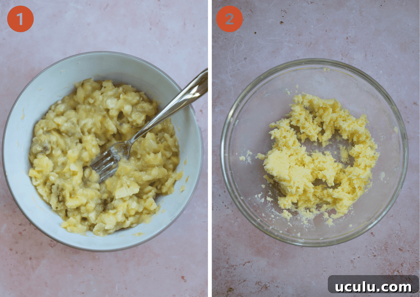 The mashed banana in a glass bowl and (right) the butter and sugar creamed together.