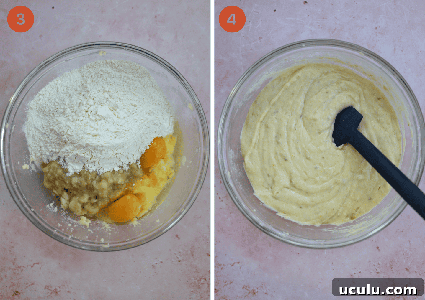 A mixing bowl with flour, eggs and mashed banana and (right) all mixed together.