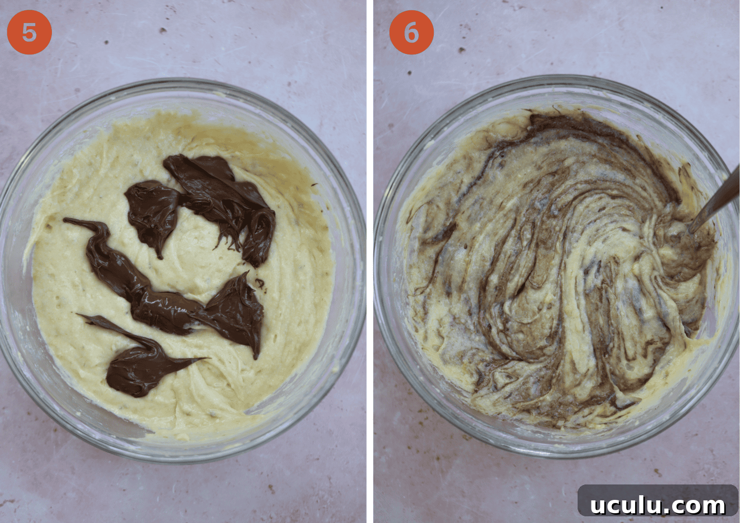 Adding dollops of Nutella and then swirling them through the muffin batter in a glass bowl.