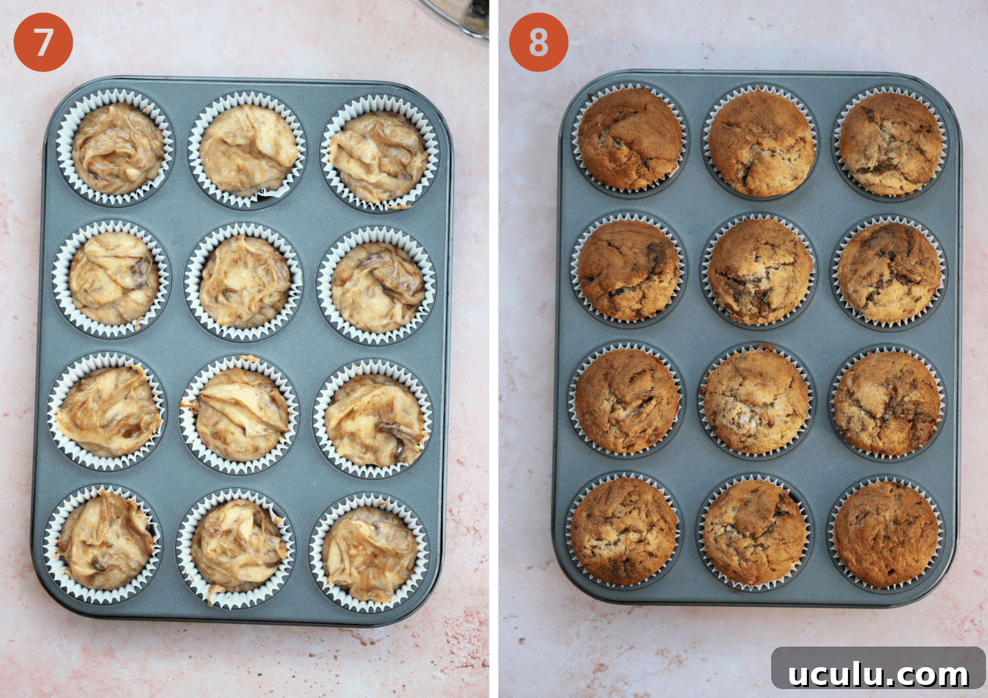 The gluten free banana nutella muffins in a pan before and after baking.