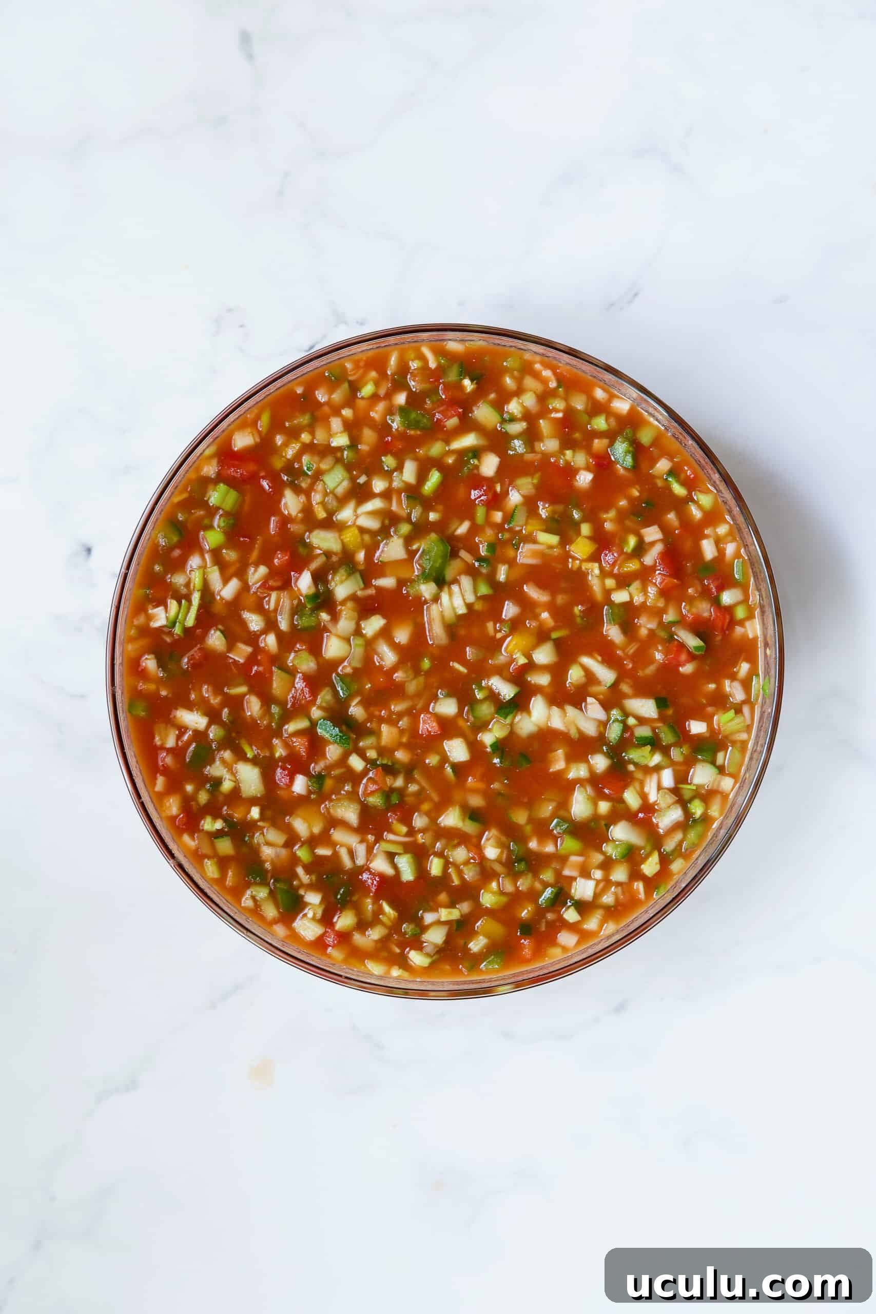 Gazpacho in glass bowl.