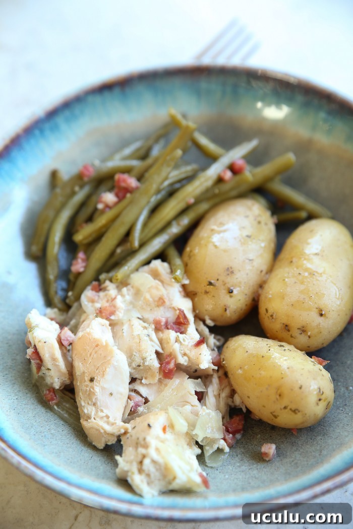 A dinner bowl plate with a serving of green beans and chicken with bacon pieces, and three baby potatoes.