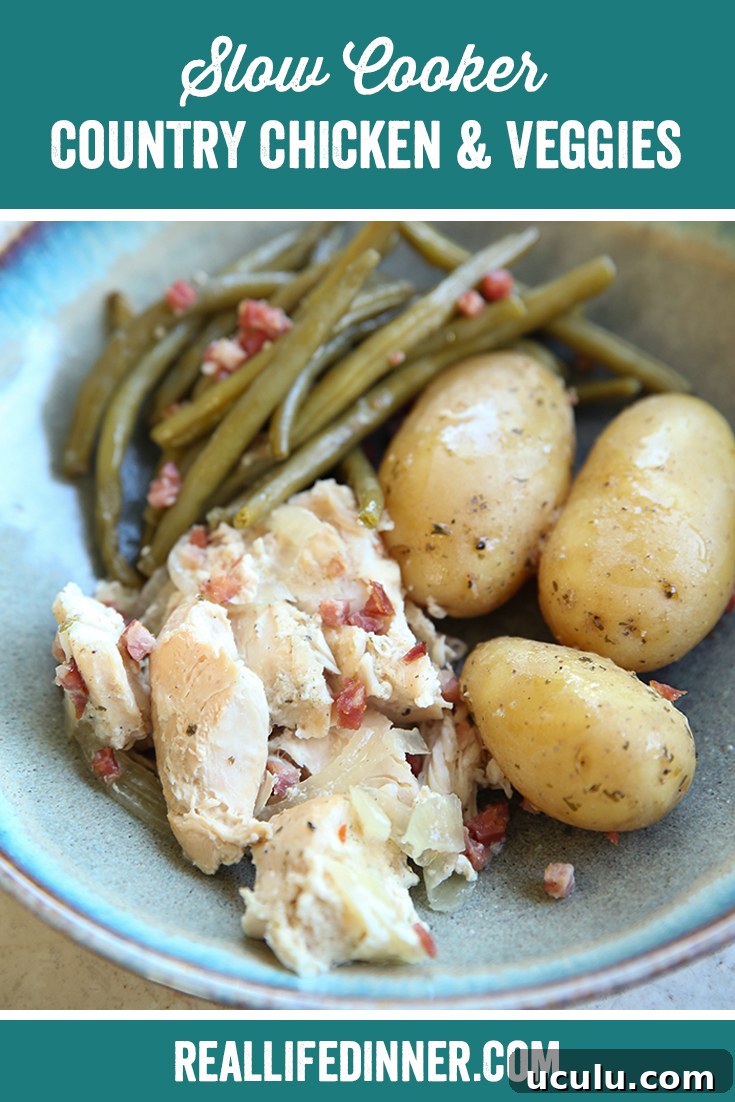 Pinterest picture with the text "Slow Cooker Country Chicken & Veggies" at the top.