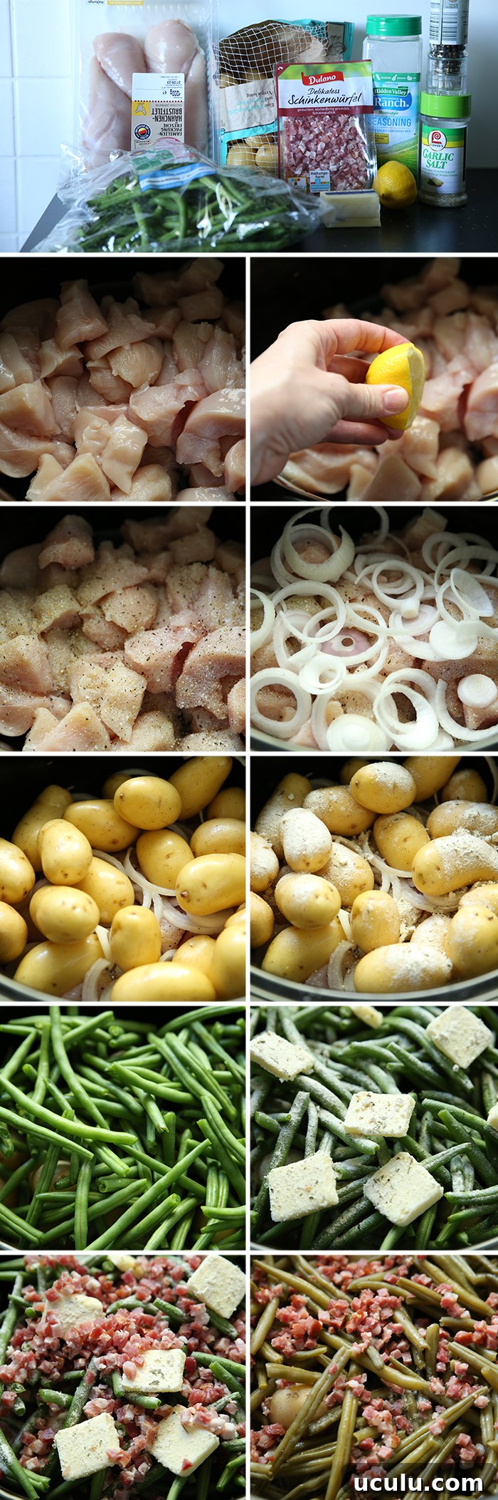 11-photo picture collage of step-by-step photos of how to make Slow Cooker Country Chicken and Veggies.