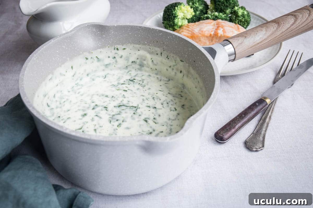 Parsley sauce in a saucepan