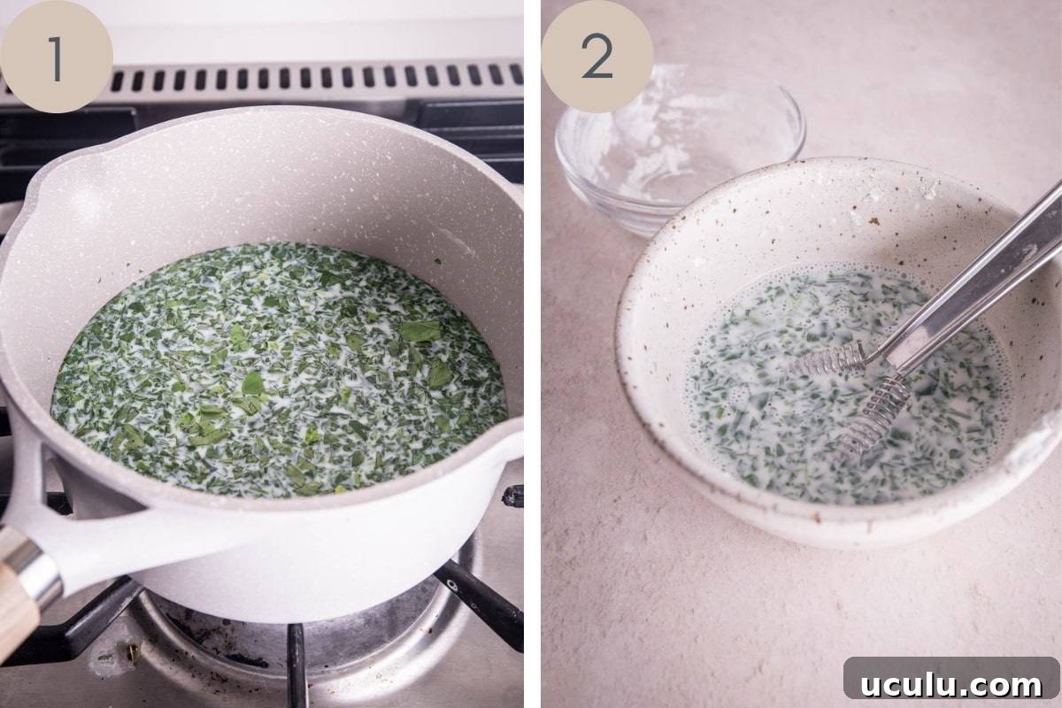 parsley milk in a saucepan and in a bowl