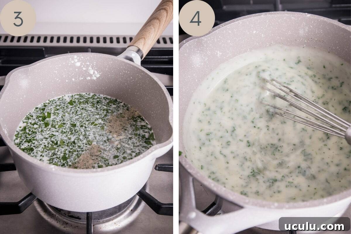 parsley sauce being made in a saucepan