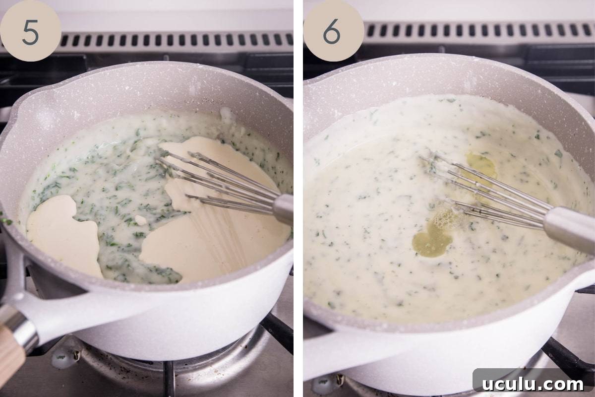 parsley sauce being made in a saucepan. Cream being added to sauce in one image and lemon juice added in another.