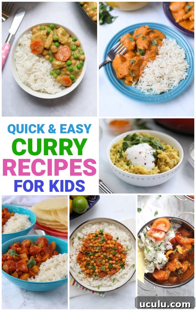 A collage of photos showing different quick and easy curry dishes.