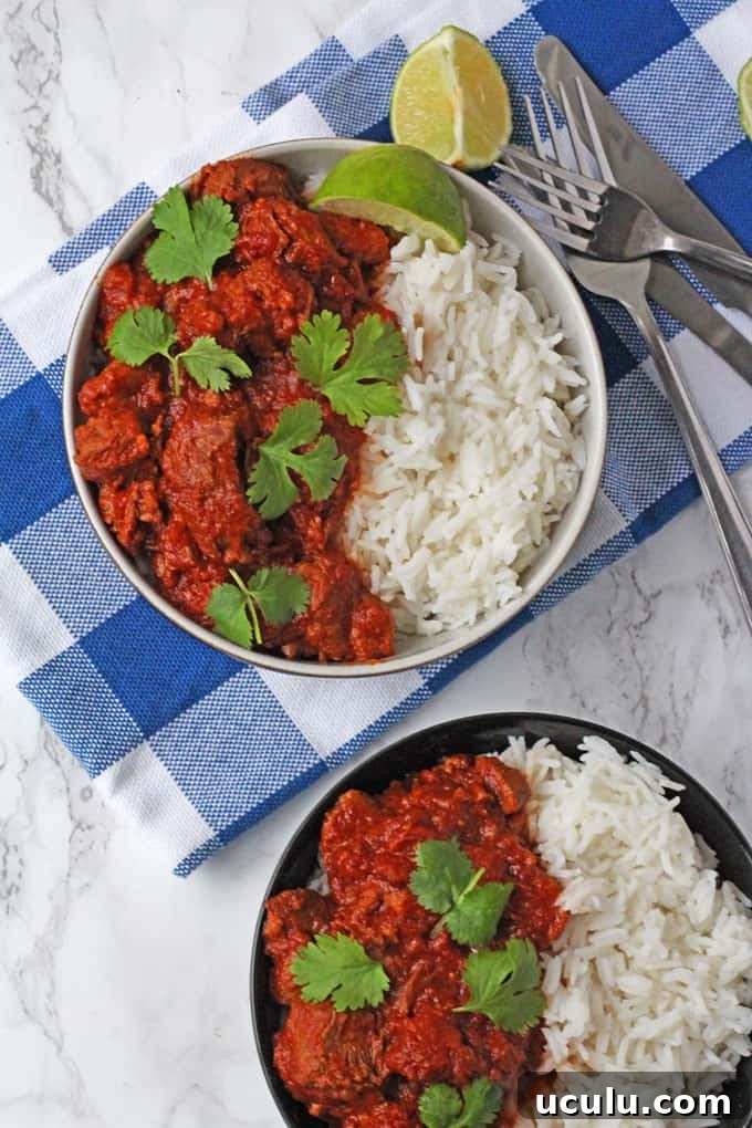 A really easy Lamb Curry recipe made with lamb shoulder and slow cooked to make it deliciously tender,served in a small white bowl with white rice.