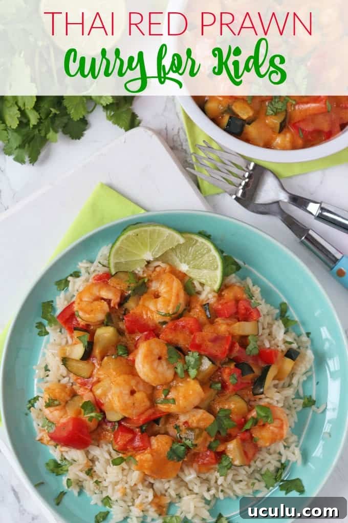 A quick, easy and super tasty Thai Red Curry recipe with prawns that's mild enough for kids. Served on a light blue dinner plate alongside fluffy white rice and garnished with two slices of lime.