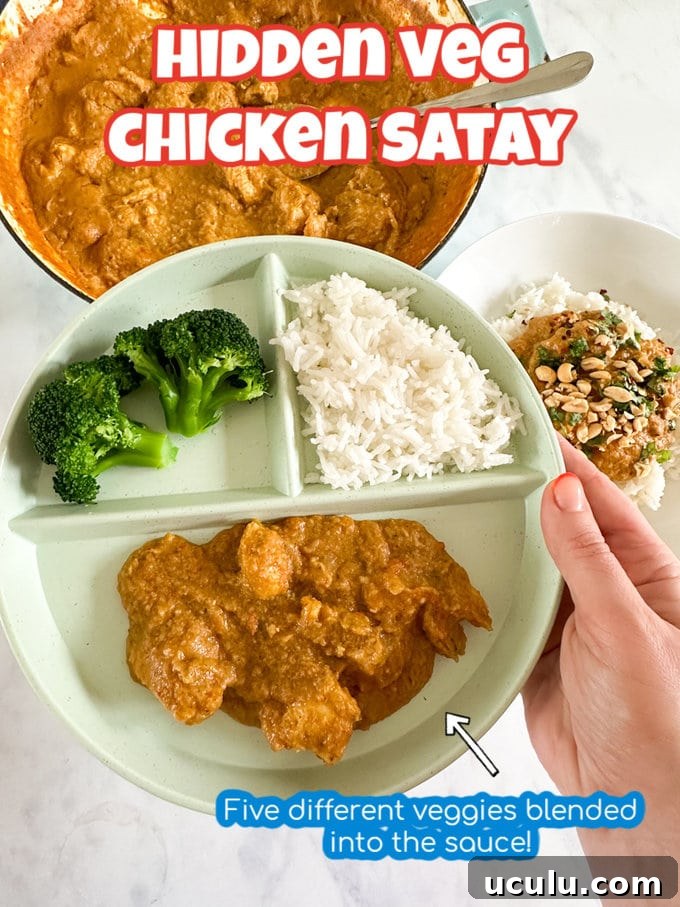 Hidden veg chicken satay served with white rice and broccoli.