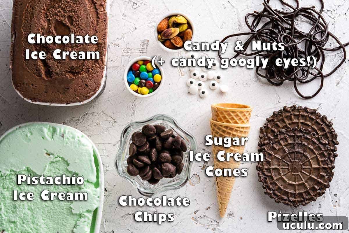 top down view of ingredients for Halloween witch ice cream sundaes