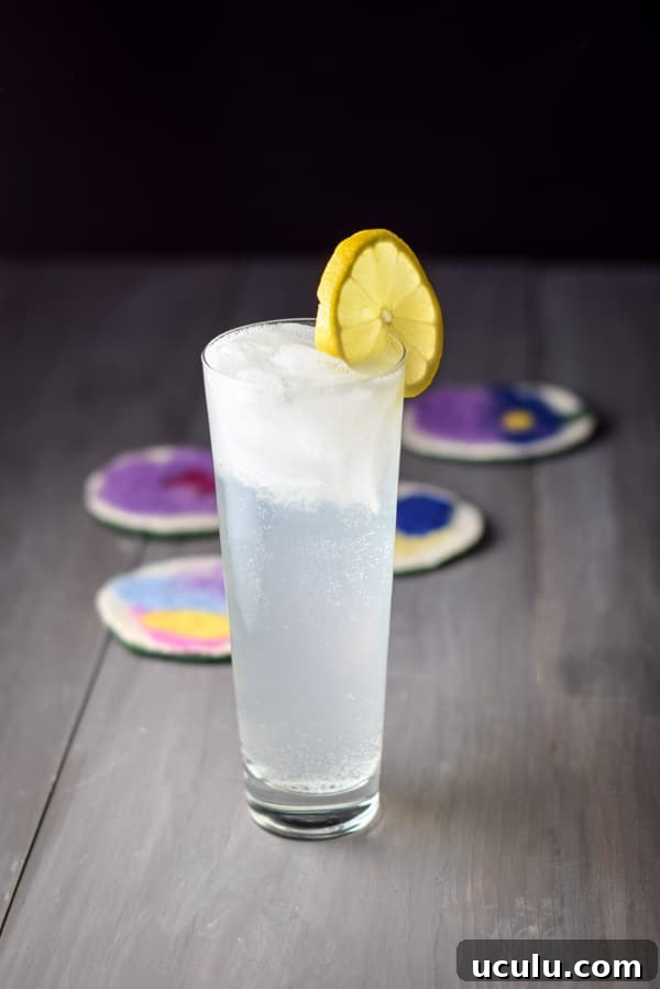 The flared glass filled with the cocktail with a lemon wheel on the glass rim