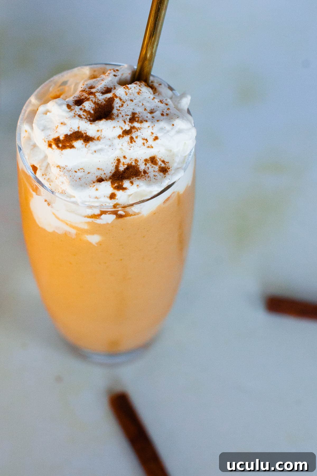 A glass with pumpkin smoothie topped with whipped cream, sprinkled with cinnamon.