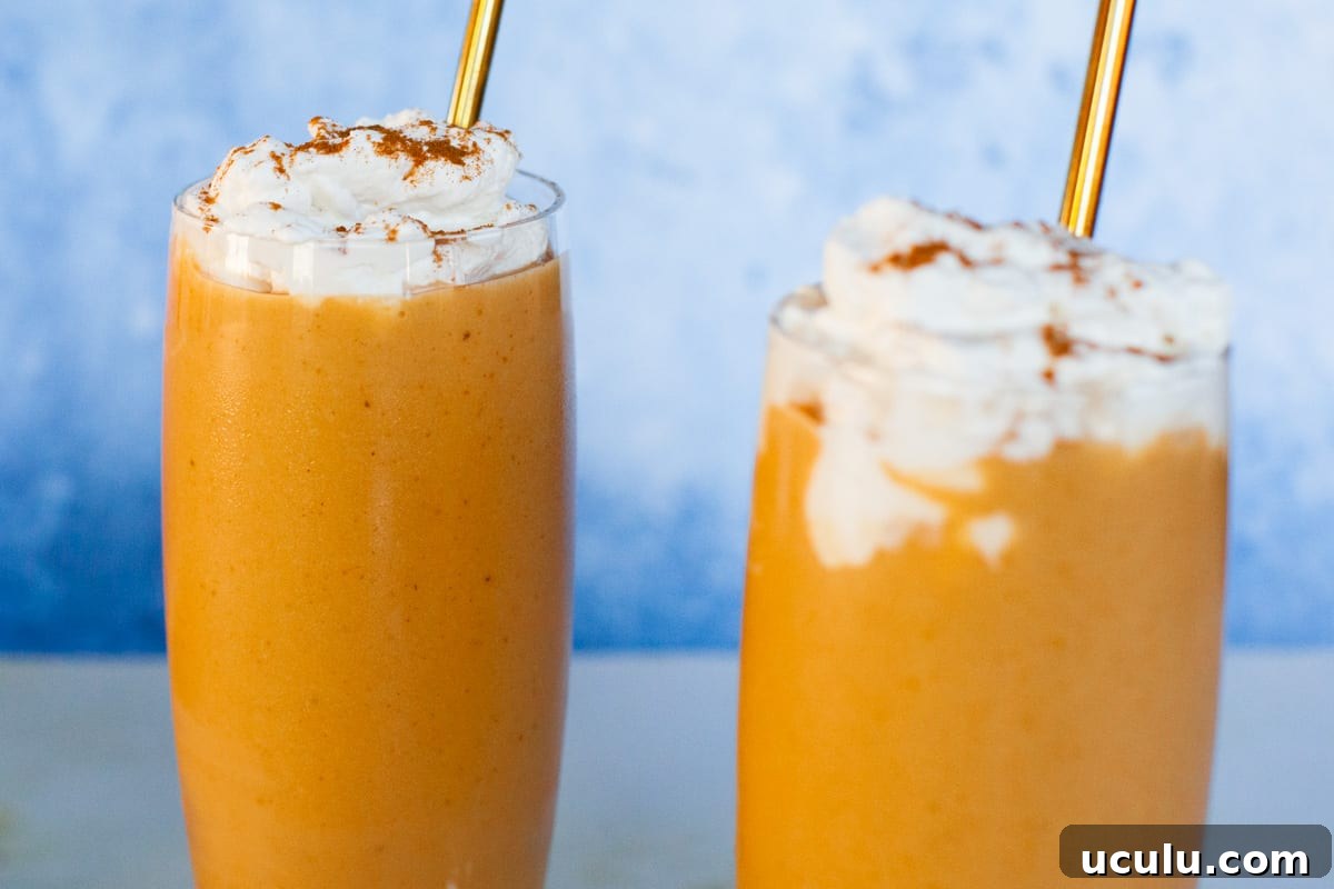 Two pumpkin smoothies topped with cinnamon sprinkled whipped cream and gold straws.