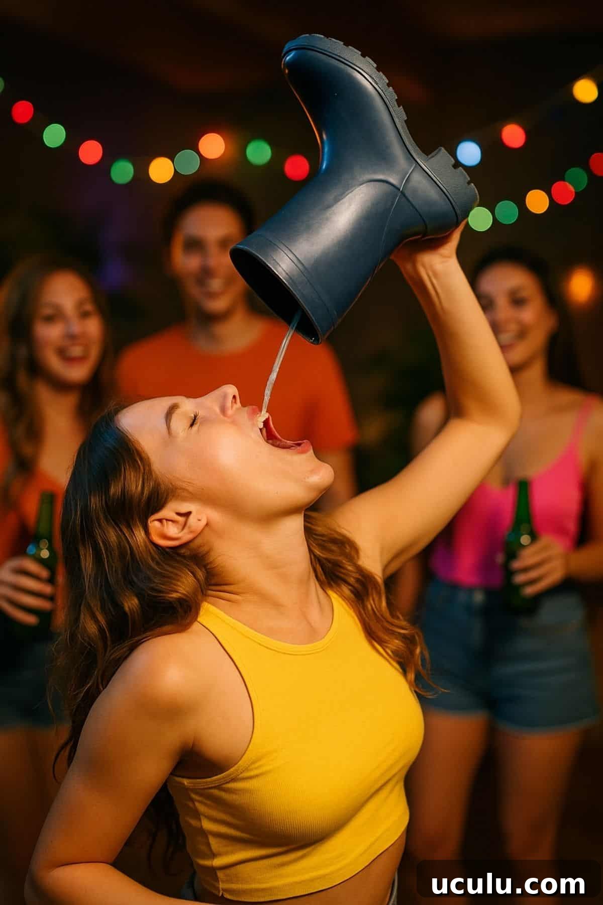 Woman drinking out of a boot.