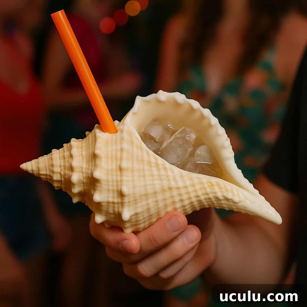 Conch shell with a drink and straw.