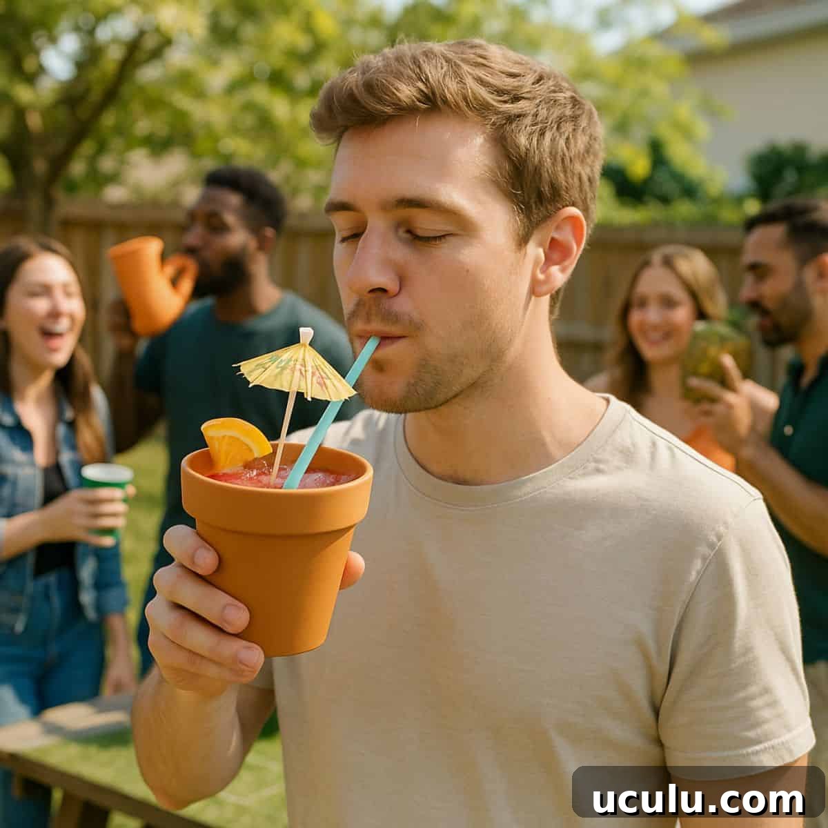 Man drinking out of a flower pot outside.