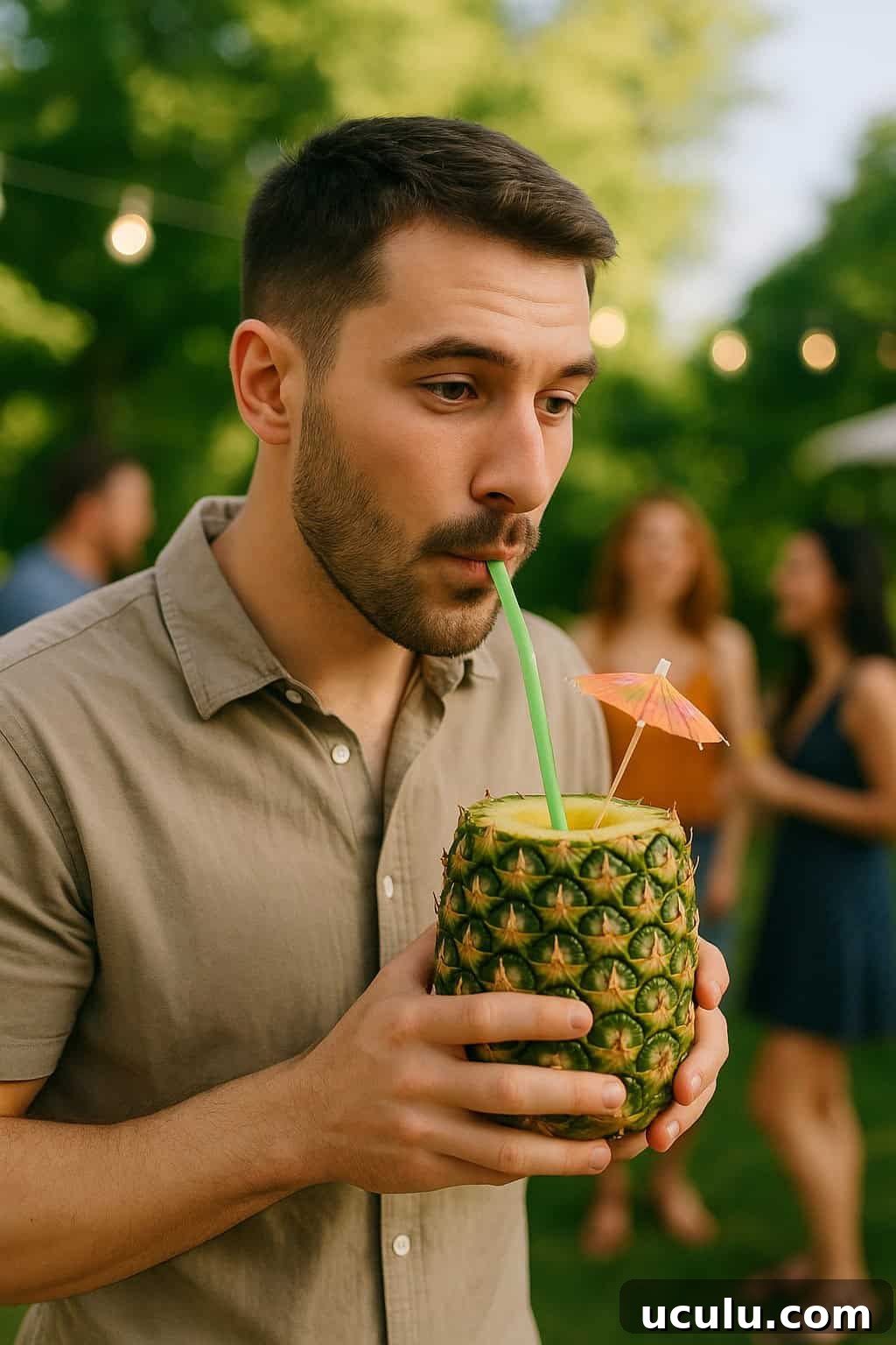 Man drinking out of pineapple.