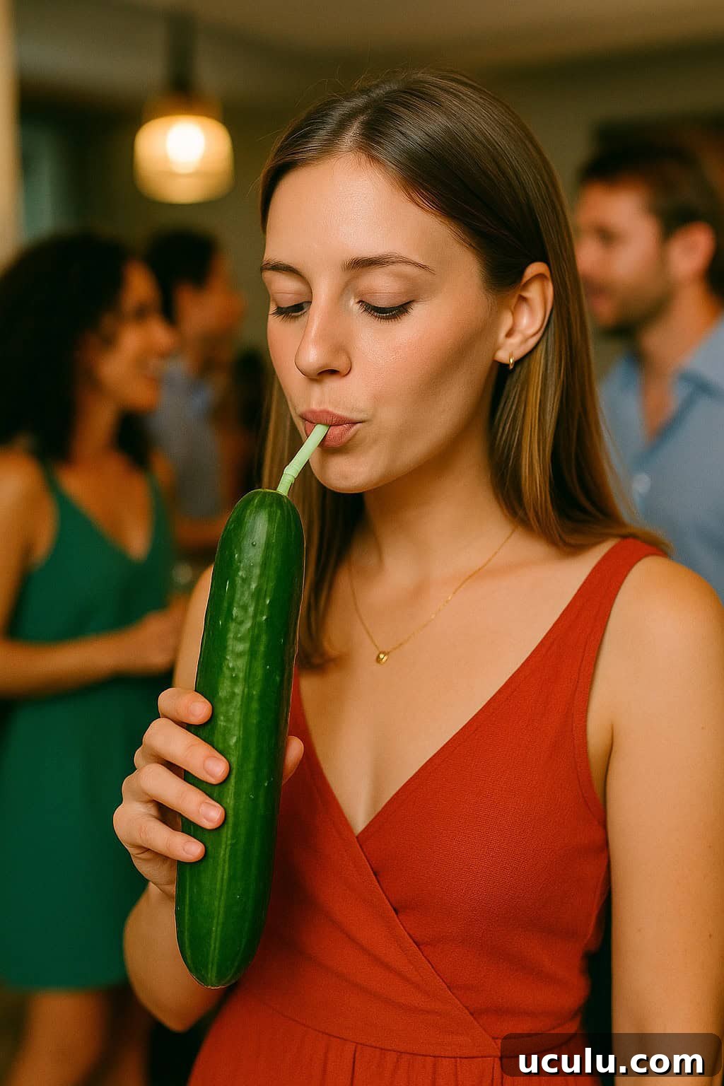 Woman is drinking out of a cucumber.