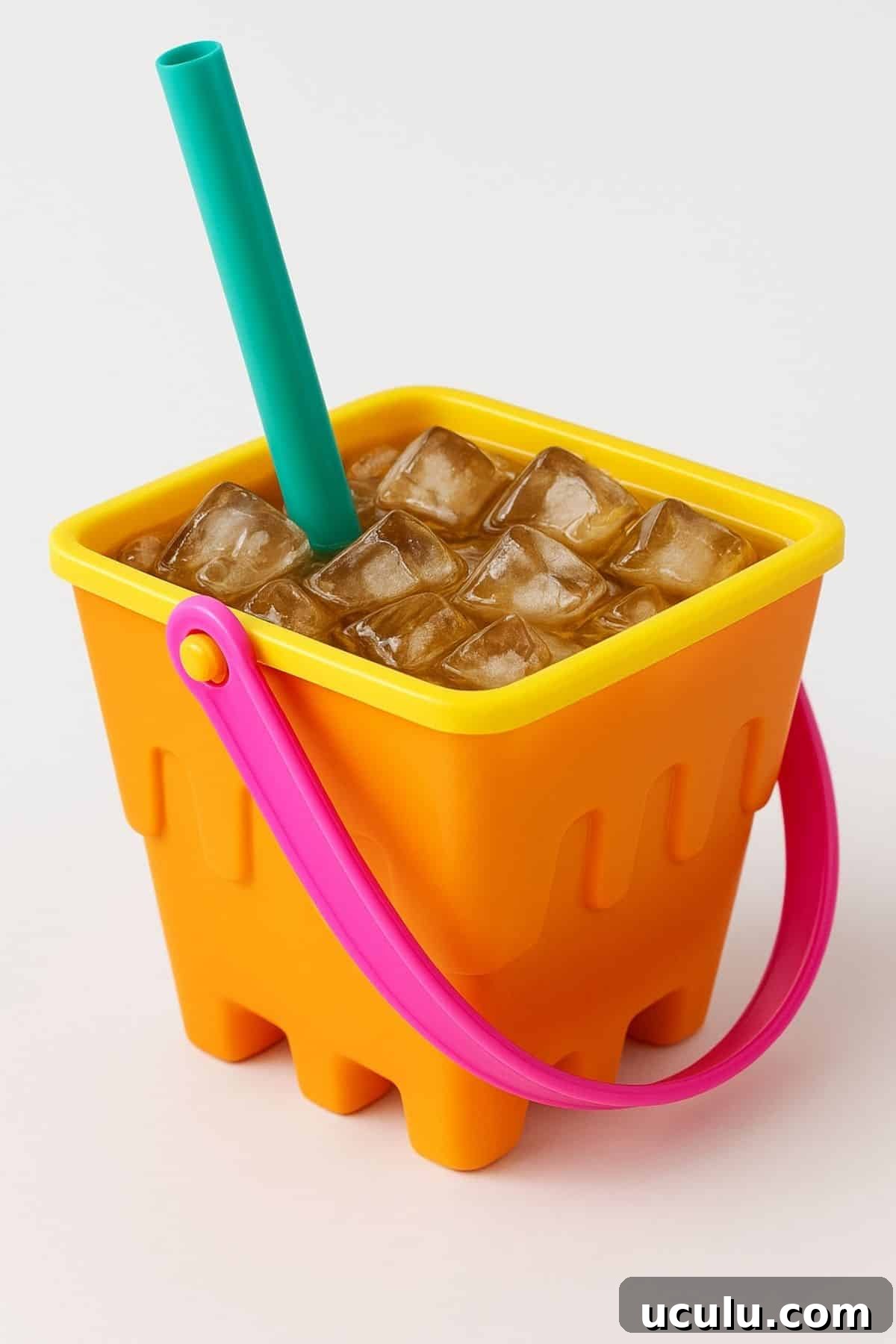 Beach bucket filled with a drink.