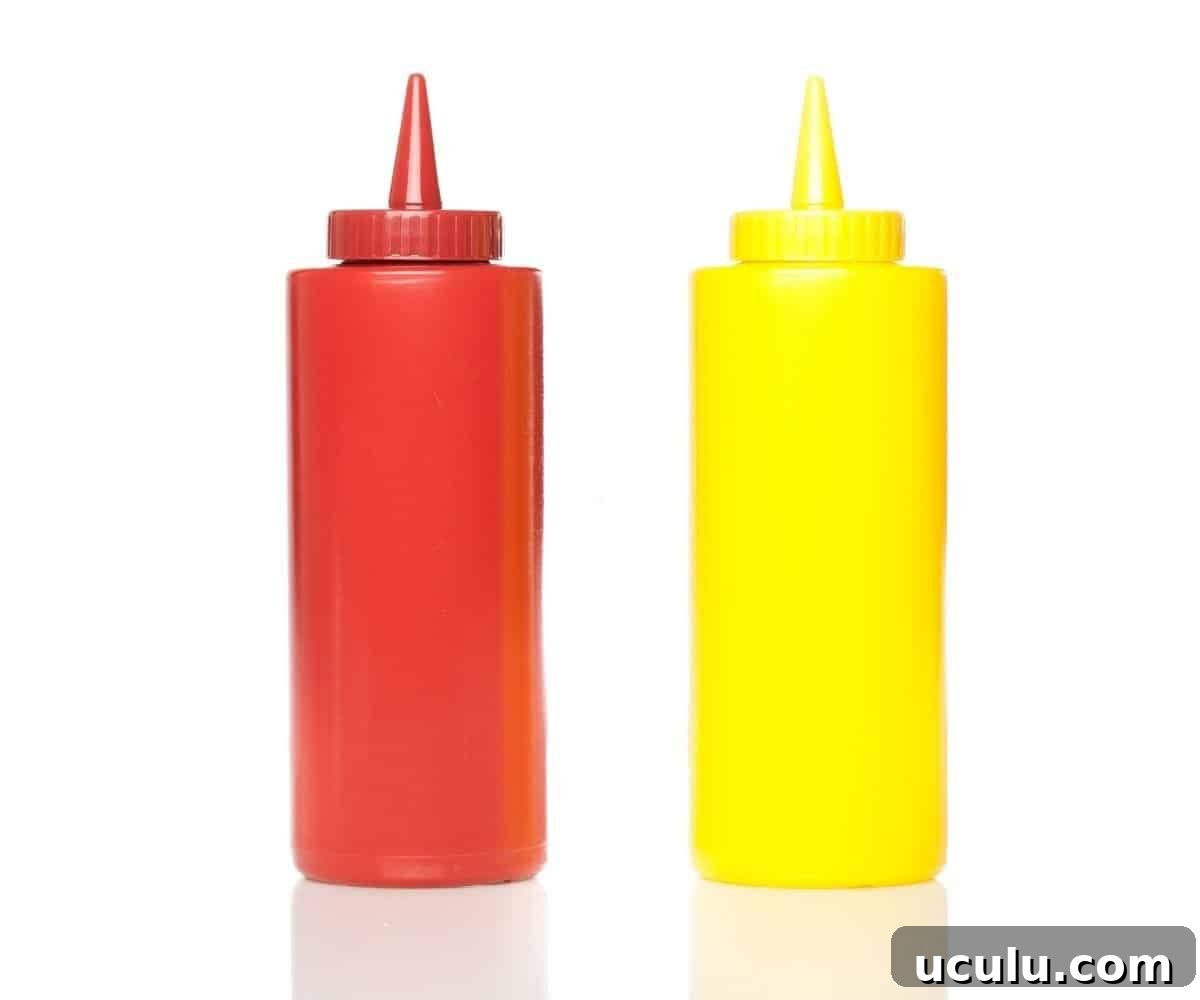 Ketchup and mustard condiment bottles.