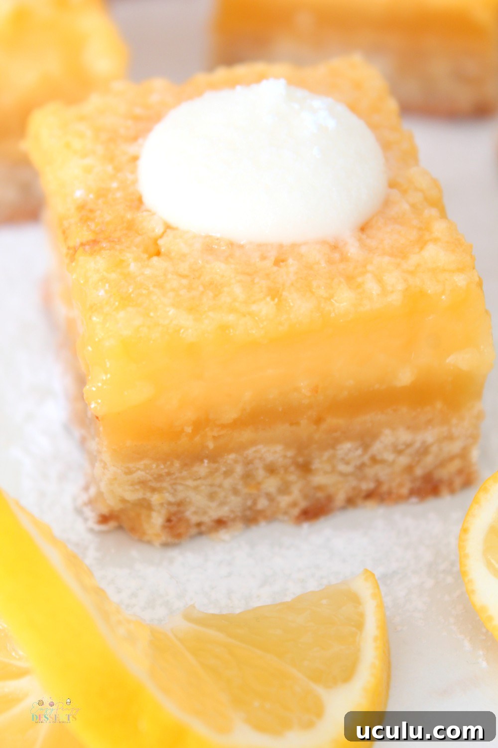 close up view of a lemon square