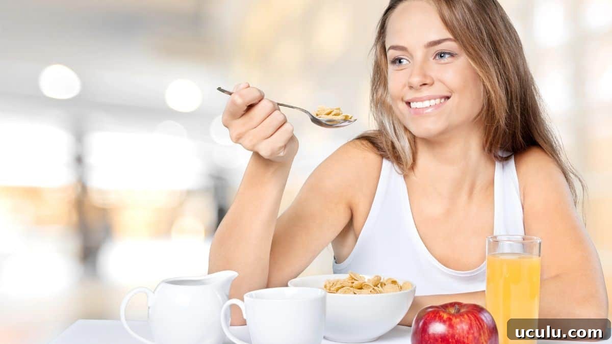 happy woman eating cereal