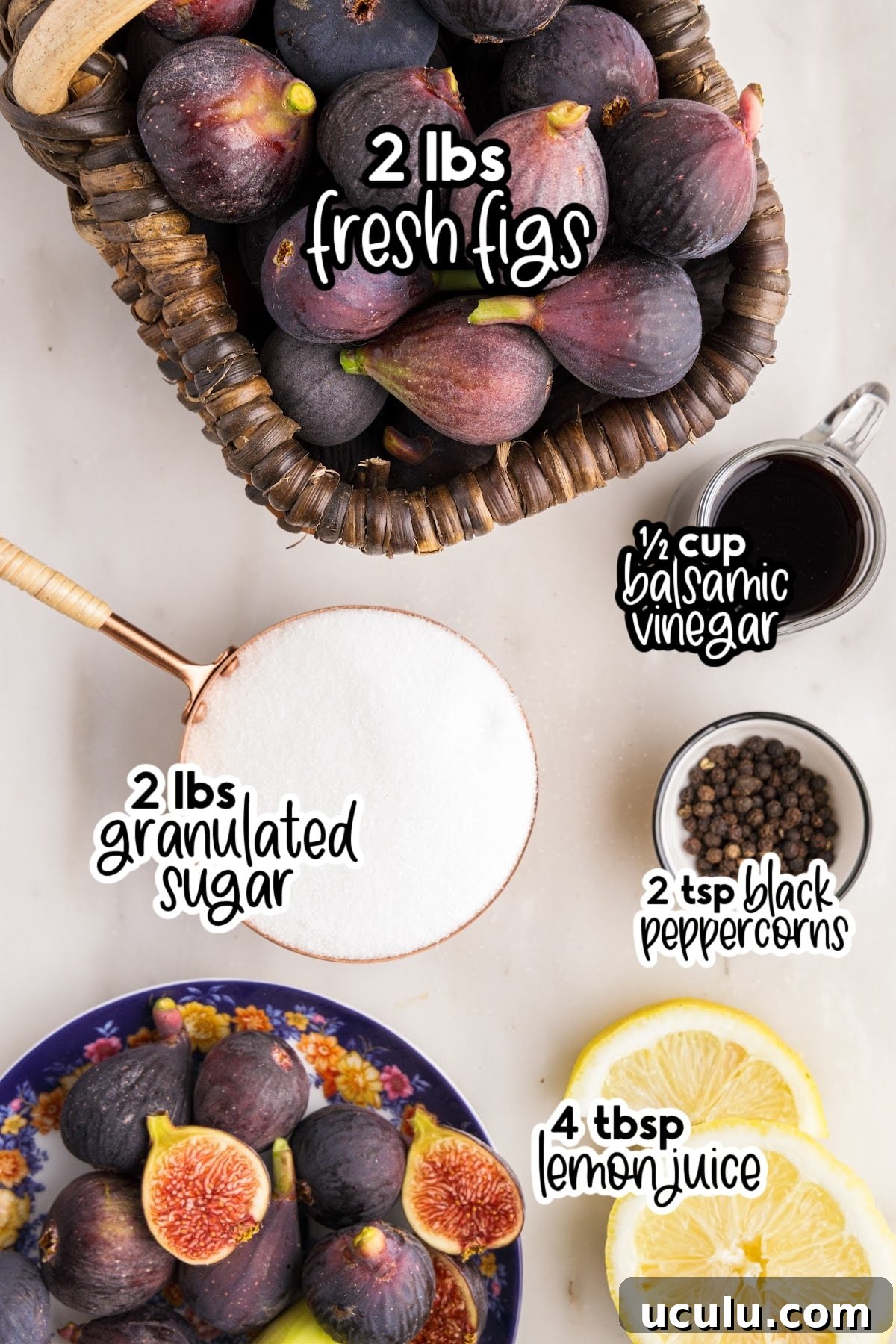 Ingredients to make balsamic fig jam, placed on a marble countertop.
