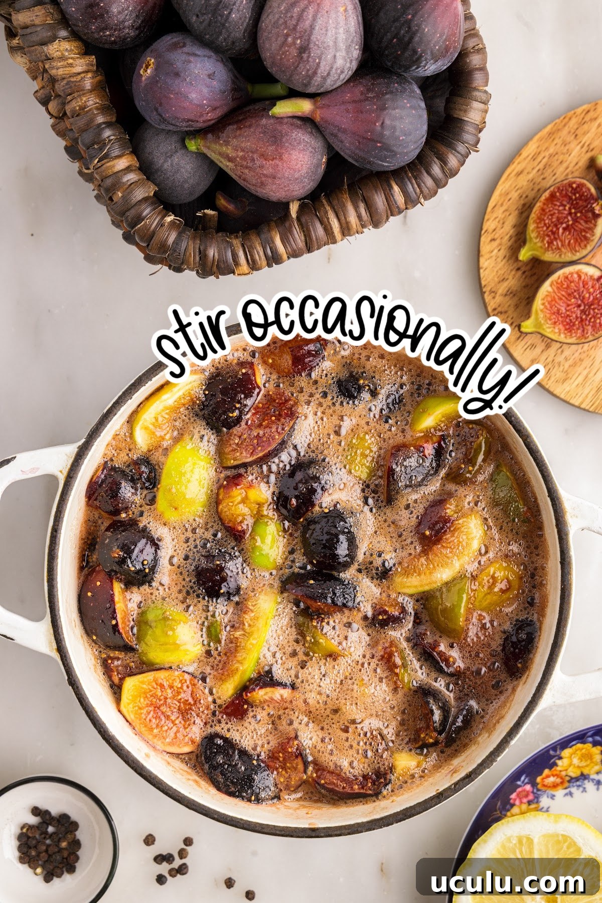 balsamic fig jam mixture cooking in a saucepan. 