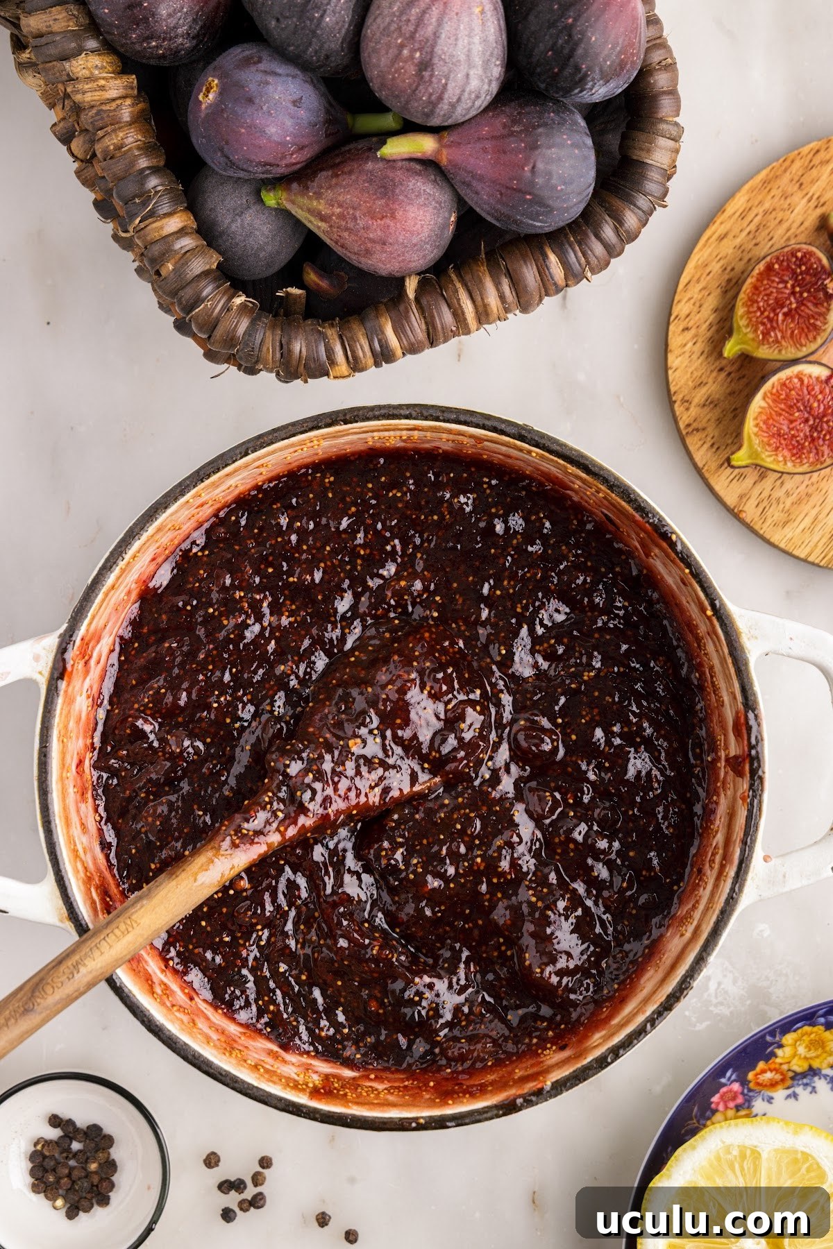 Cooked balsamic fig jam in a saucepan, ready to be ladled into prepared jars.