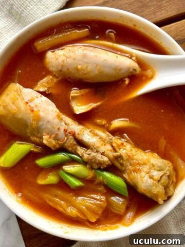 overhead shot of chicken kimchi soup in bowl