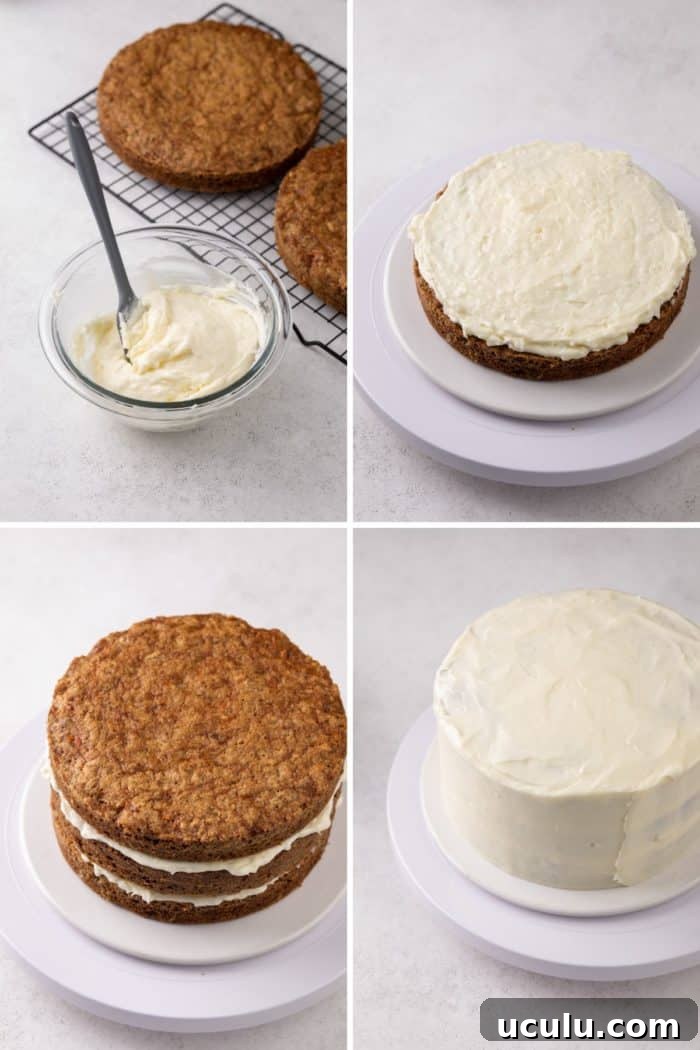 Set of four photos showing a layered carrot cake being assembled and covered in cream cheese frosting.