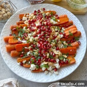Side view of oven roasted carrots topped with feta, pomegranate, and hasselnuts. A few ingredients are seen in the background.