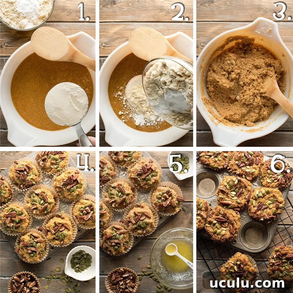 6 panels showing the process of mixing the batter, preparing the muffins for baking, and a finished shot of the baked muffins.