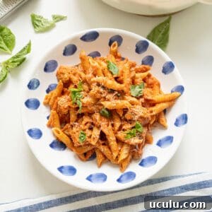 Pink sauce with penne on a plate.