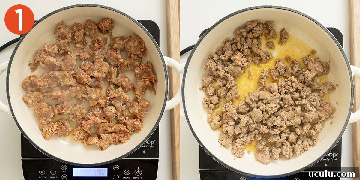 Searing sausage in a pan.