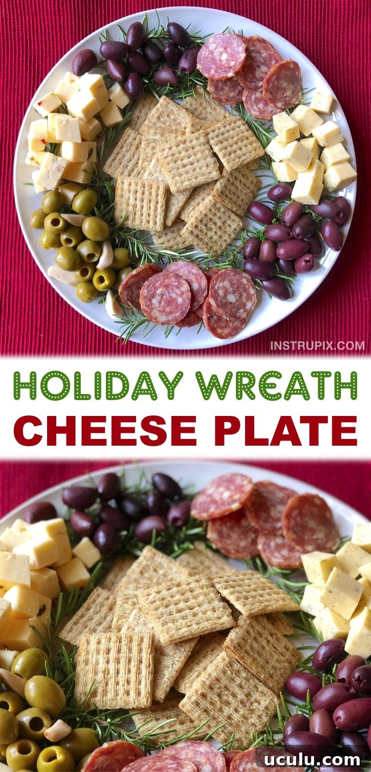 Looking for quick and easy cold appetizer ideas for Christmas? Simply arrange a cheese plate like a holiday wreath! So simple to make. A no bake, make ahead cold party appetizer for the holidays. Holiday Wreath Cheese Plate