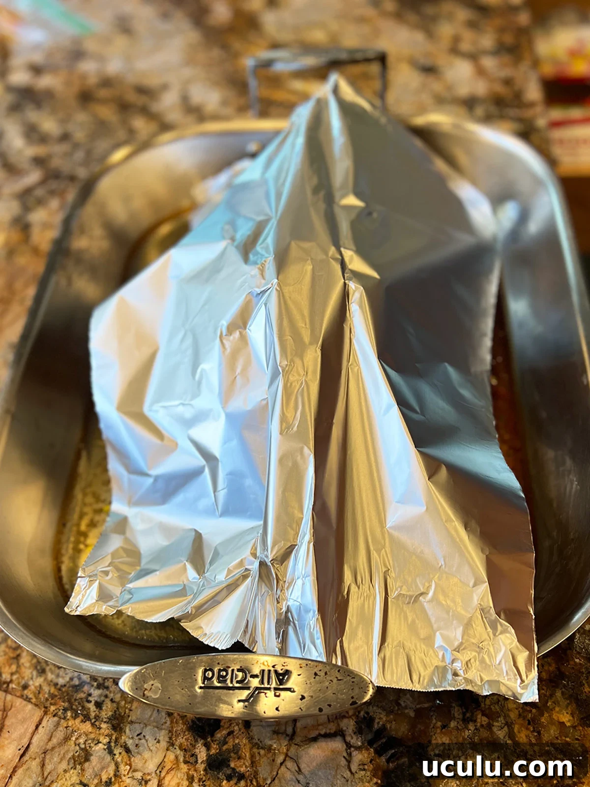 Roasted Turkey breast tented but still in roasting pan.
