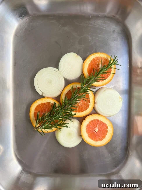 Turkey breast base in roasting pan - onions, oranges and rosemary.